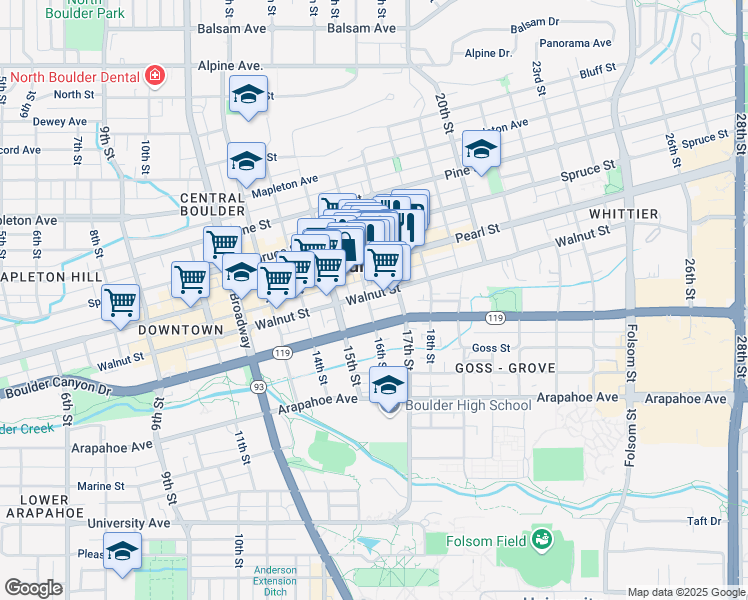 map of restaurants, bars, coffee shops, grocery stores, and more near 1602 Walnut Street in Boulder
