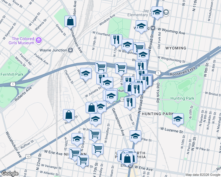 map of restaurants, bars, coffee shops, grocery stores, and more near 1705 West Juniata Street in Philadelphia