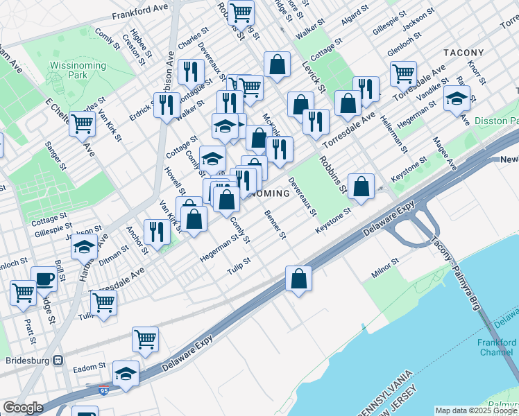 map of restaurants, bars, coffee shops, grocery stores, and more near 4724 Benner Street in Philadelphia