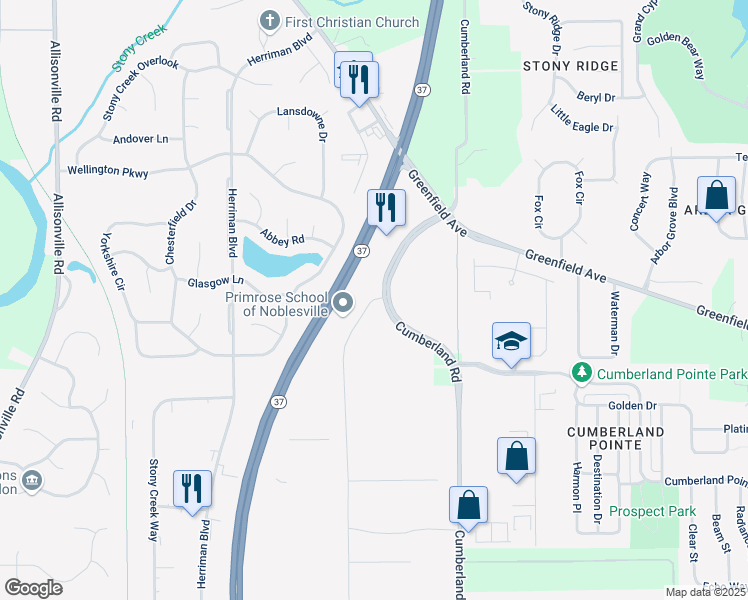 map of restaurants, bars, coffee shops, grocery stores, and more near 15462 North Point Boulevard in Noblesville