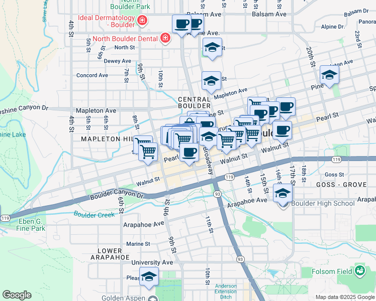map of restaurants, bars, coffee shops, grocery stores, and more near in Boulder