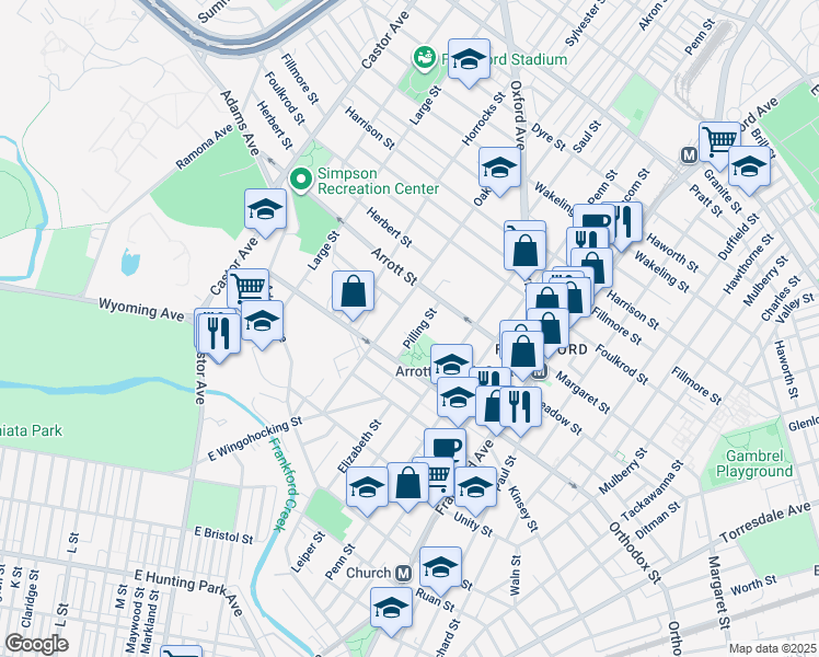 map of restaurants, bars, coffee shops, grocery stores, and more near 4630 Pilling Street in Philadelphia