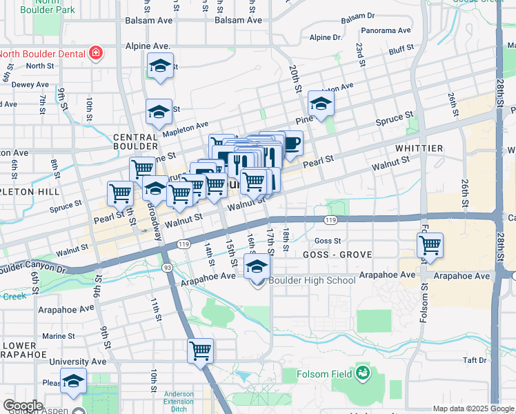 map of restaurants, bars, coffee shops, grocery stores, and more near 1701 Walnut Street in Boulder