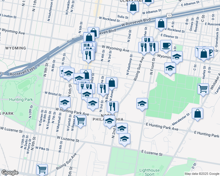 map of restaurants, bars, coffee shops, grocery stores, and more near 4430 North American Street in Philadelphia
