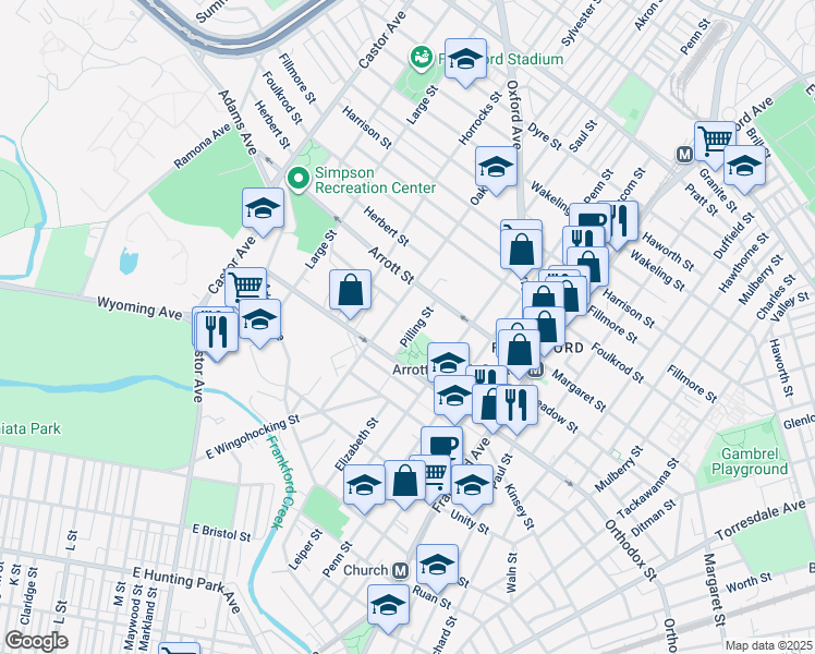 map of restaurants, bars, coffee shops, grocery stores, and more near 4630 Pilling Street in Philadelphia