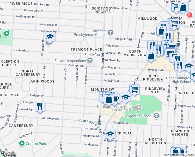 map of restaurants, bars, coffee shops, grocery stores, and more near 2154 Jervis Road in Columbus