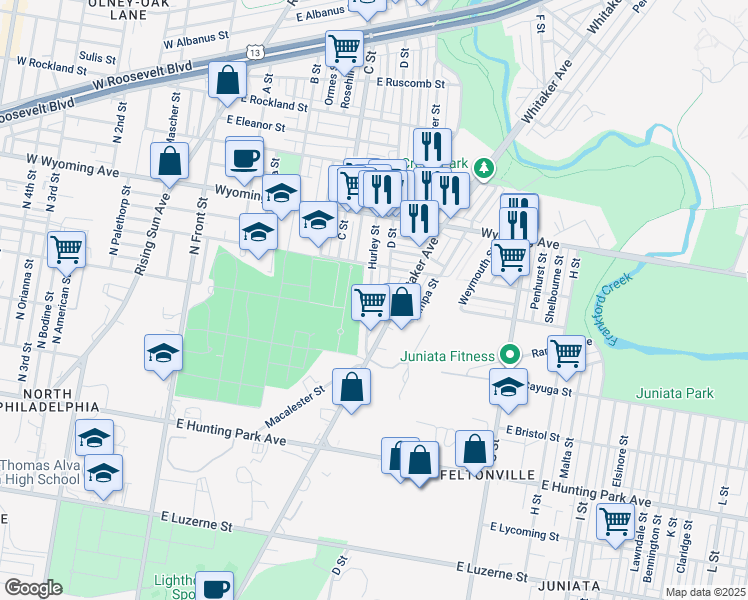 map of restaurants, bars, coffee shops, grocery stores, and more near 4517 Hurley Street in Philadelphia