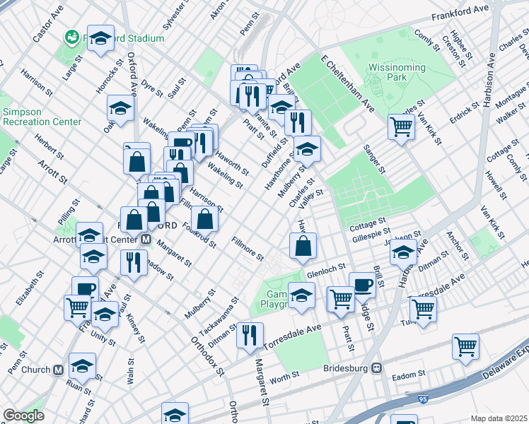 map of restaurants, bars, coffee shops, grocery stores, and more near 4938 Mulberry Street in Philadelphia