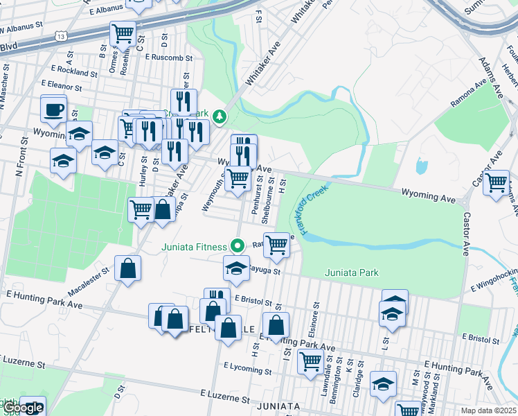 map of restaurants, bars, coffee shops, grocery stores, and more near 4595 Penhurst Street in Philadelphia