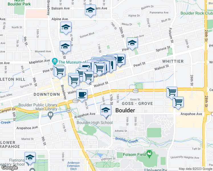 map of restaurants, bars, coffee shops, grocery stores, and more near 1634 Walnut Street in Boulder