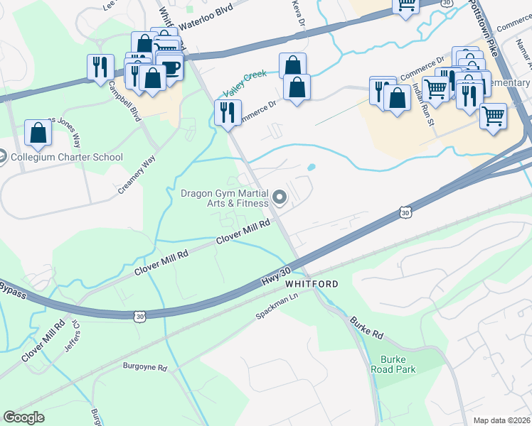 map of restaurants, bars, coffee shops, grocery stores, and more near 401 Clover Mill Road in Exton