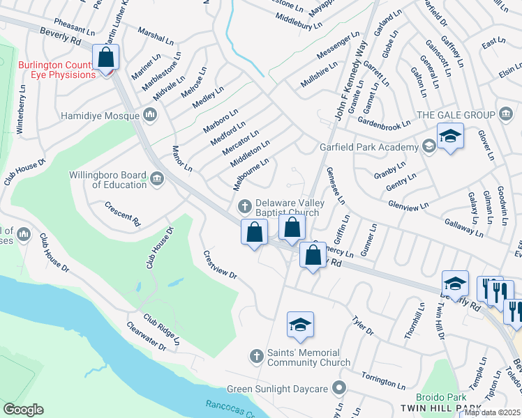 map of restaurants, bars, coffee shops, grocery stores, and more near 10 Mayfair Circle in Willingboro
