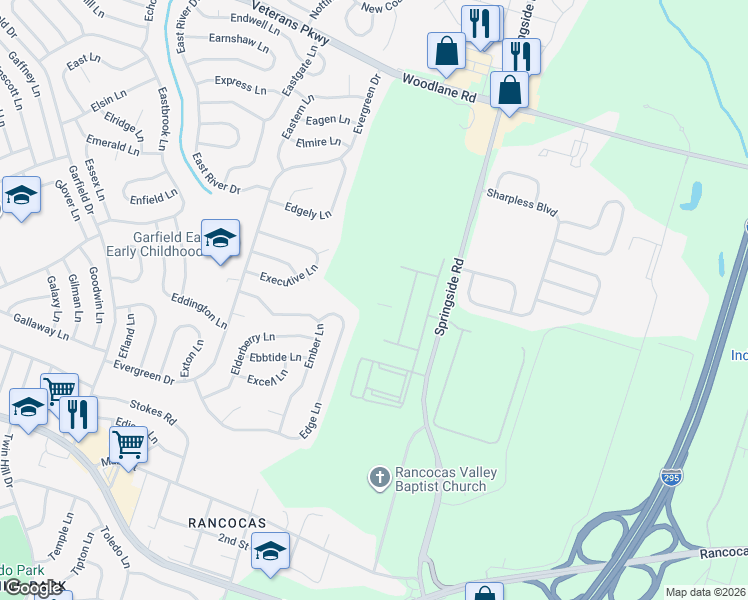 map of restaurants, bars, coffee shops, grocery stores, and more near 45 Elliot Lane in Westampton