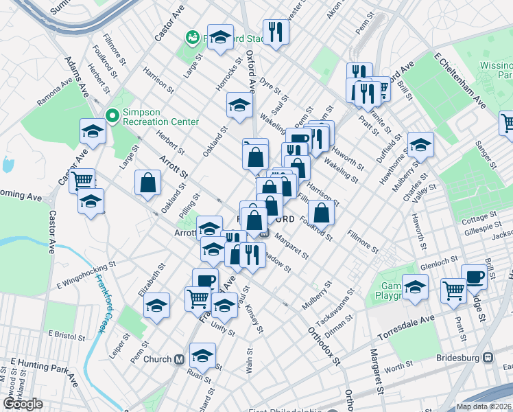 map of restaurants, bars, coffee shops, grocery stores, and more near 4732 Griscom Street in Philadelphia