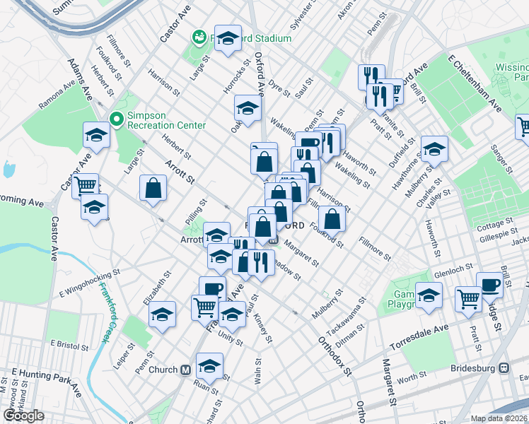map of restaurants, bars, coffee shops, grocery stores, and more near 4771 Oxford Avenue in Philadelphia