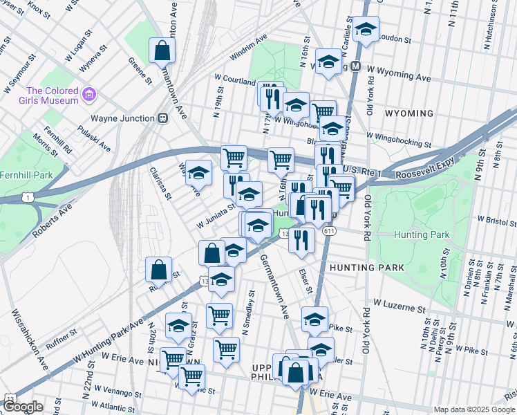 map of restaurants, bars, coffee shops, grocery stores, and more near 1662 Dounton Street in Philadelphia