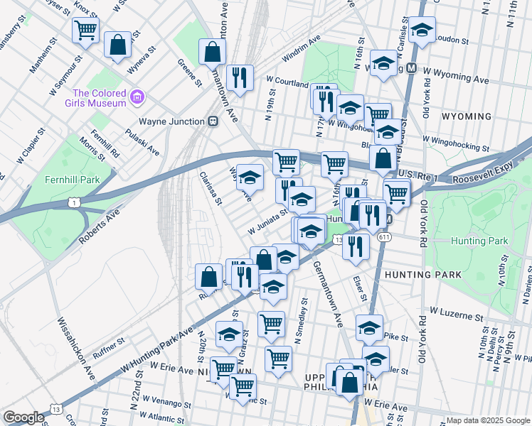 map of restaurants, bars, coffee shops, grocery stores, and more near 1854 Brunner Street in Philadelphia