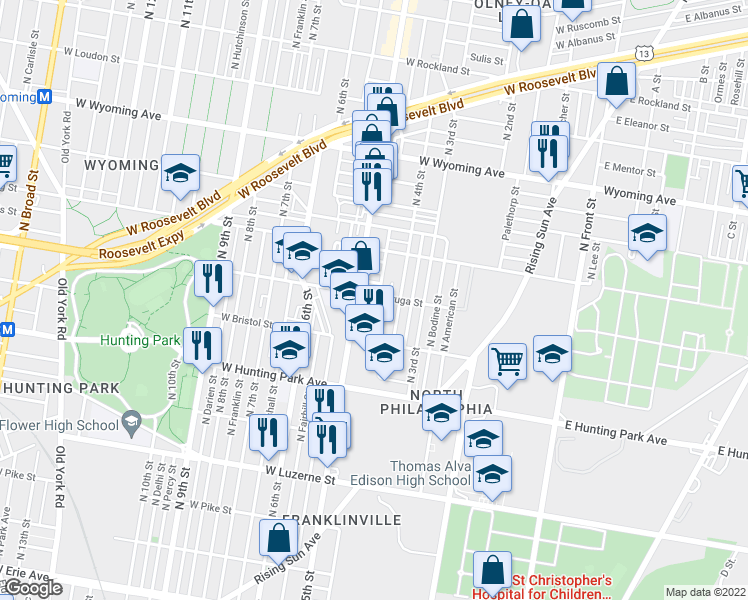 map of restaurants, bars, coffee shops, grocery stores, and more near 432 West Cayuga Street in Philadelphia