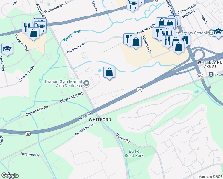 map of restaurants, bars, coffee shops, grocery stores, and more near 305 National Road in Exton