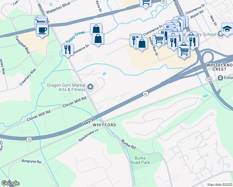 map of restaurants, bars, coffee shops, grocery stores, and more near 305 National Road in Exton