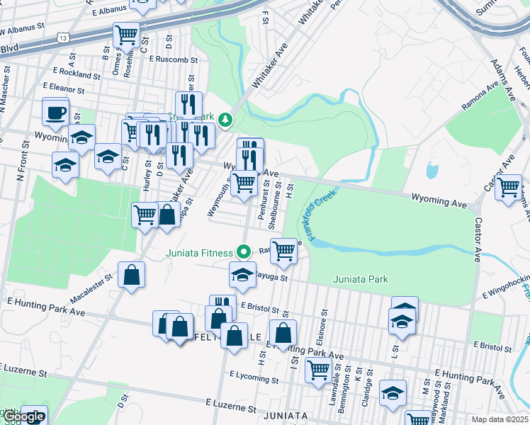 map of restaurants, bars, coffee shops, grocery stores, and more near 4595 Penhurst Street in Philadelphia