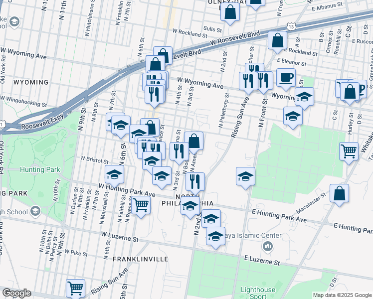 map of restaurants, bars, coffee shops, grocery stores, and more near 4430 North American Street in Philadelphia