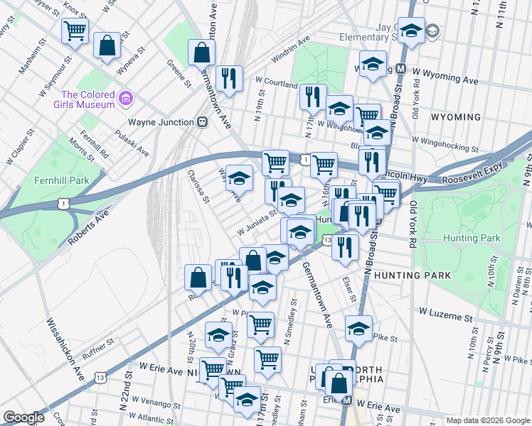 map of restaurants, bars, coffee shops, grocery stores, and more near 1819 Brunner Street in Philadelphia