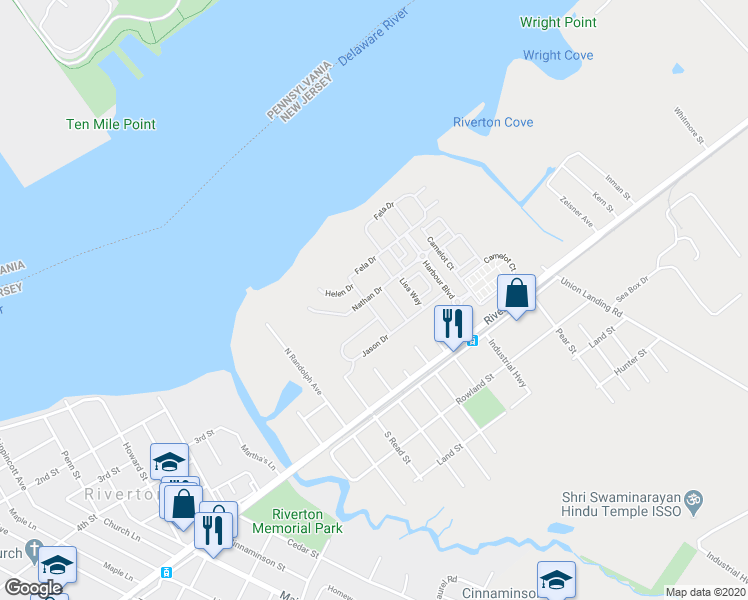 map of restaurants, bars, coffee shops, grocery stores, and more near 1604 Nathan Drive in Cinnaminson