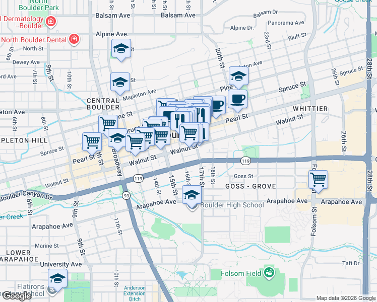 map of restaurants, bars, coffee shops, grocery stores, and more near 1620 Walnut Street in Boulder