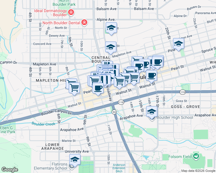 map of restaurants, bars, coffee shops, grocery stores, and more near Broadway & Pearl St in Boulder