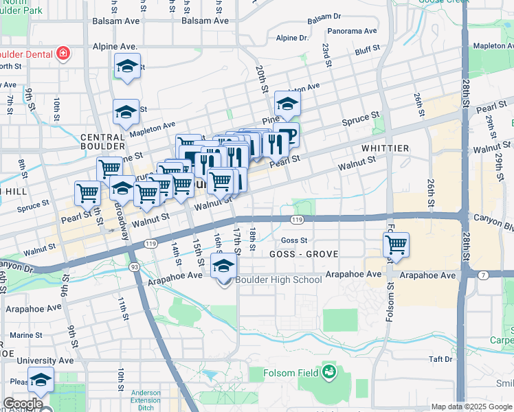 map of restaurants, bars, coffee shops, grocery stores, and more near 1804 Walnut Street in Boulder