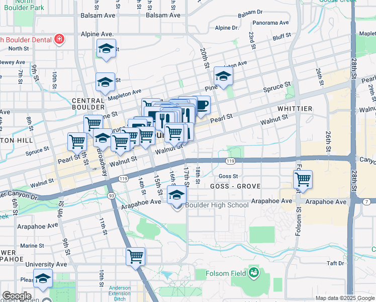 map of restaurants, bars, coffee shops, grocery stores, and more near 1701 Walnut Street in Boulder