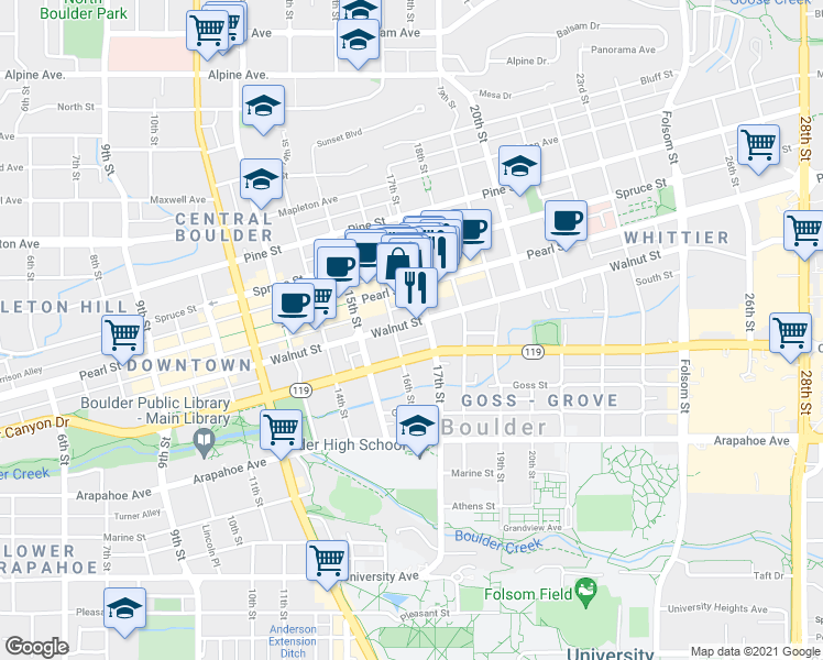 map of restaurants, bars, coffee shops, grocery stores, and more near 1701 Walnut Street in Boulder