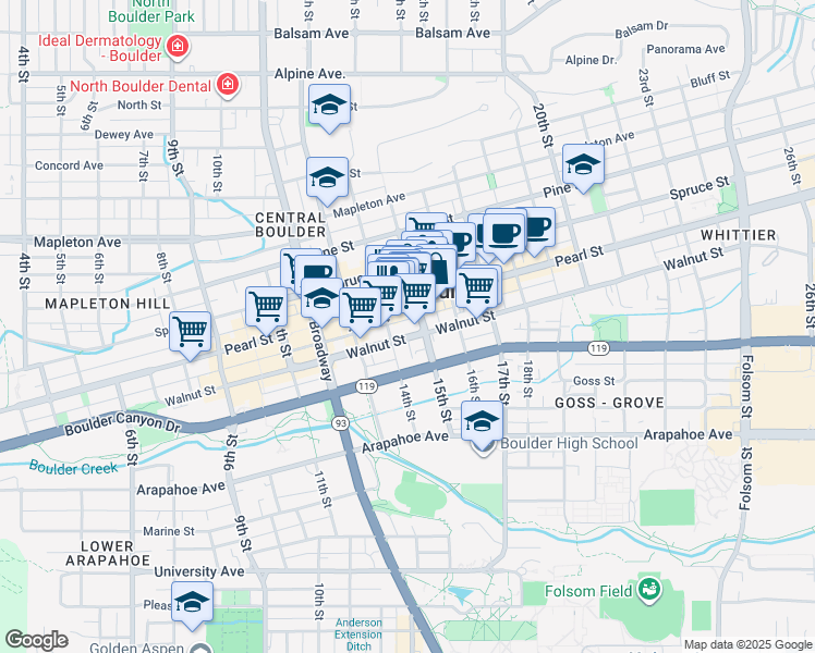 map of restaurants, bars, coffee shops, grocery stores, and more near in Boulder