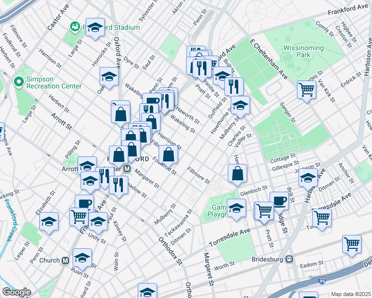 map of restaurants, bars, coffee shops, grocery stores, and more near 4942 Duffield Street in Philadelphia