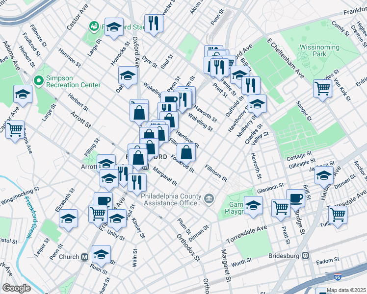 map of restaurants, bars, coffee shops, grocery stores, and more near 1628 Harrison Street in Philadelphia