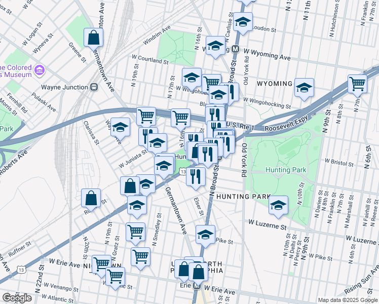 map of restaurants, bars, coffee shops, grocery stores, and more near 4246 North Hicks Street in Philadelphia