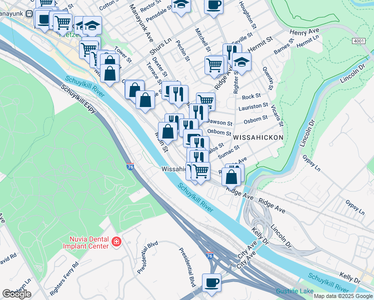 map of restaurants, bars, coffee shops, grocery stores, and more near 139 Vassar Street in Philadelphia