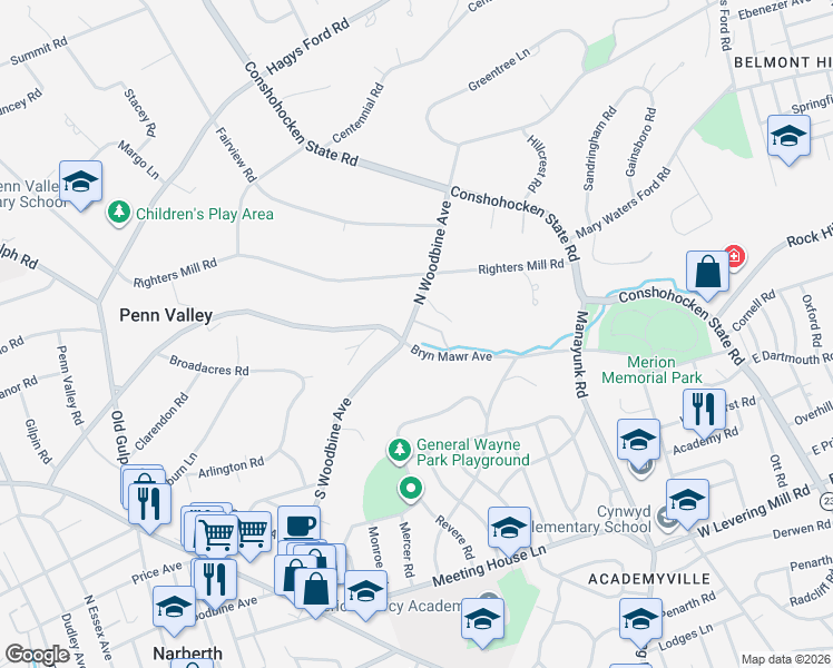 map of restaurants, bars, coffee shops, grocery stores, and more near 814 North Woodbine Avenue in Penn Valley
