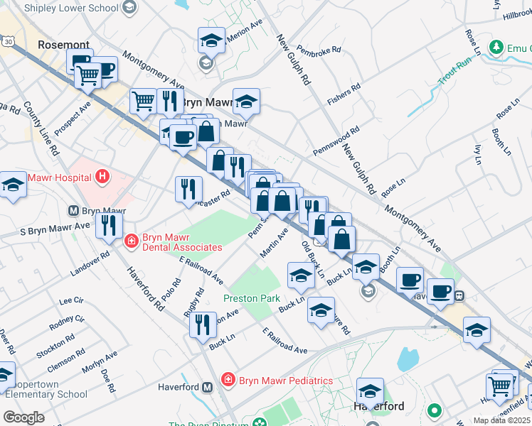 map of restaurants, bars, coffee shops, grocery stores, and more near 635 Lancaster Avenue in Bryn Mawr