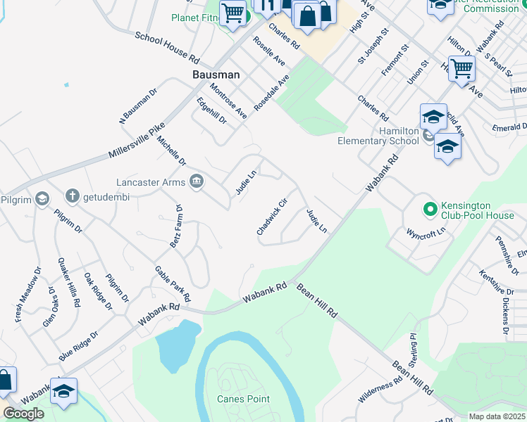 map of restaurants, bars, coffee shops, grocery stores, and more near 1613 Chadwick Circle in Lancaster