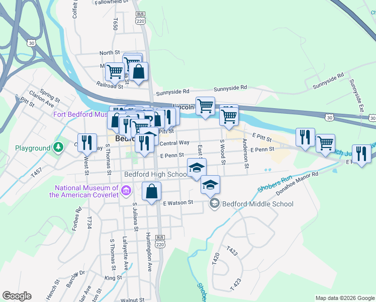 map of restaurants, bars, coffee shops, grocery stores, and more near 300-398 E Central Way in Bedford
