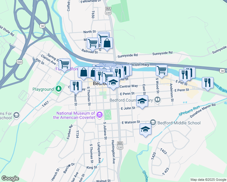 map of restaurants, bars, coffee shops, grocery stores, and more near 134 East Pitt Street in Bedford