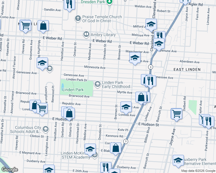 map of restaurants, bars, coffee shops, grocery stores, and more near 1491 Genessee Avenue in Columbus