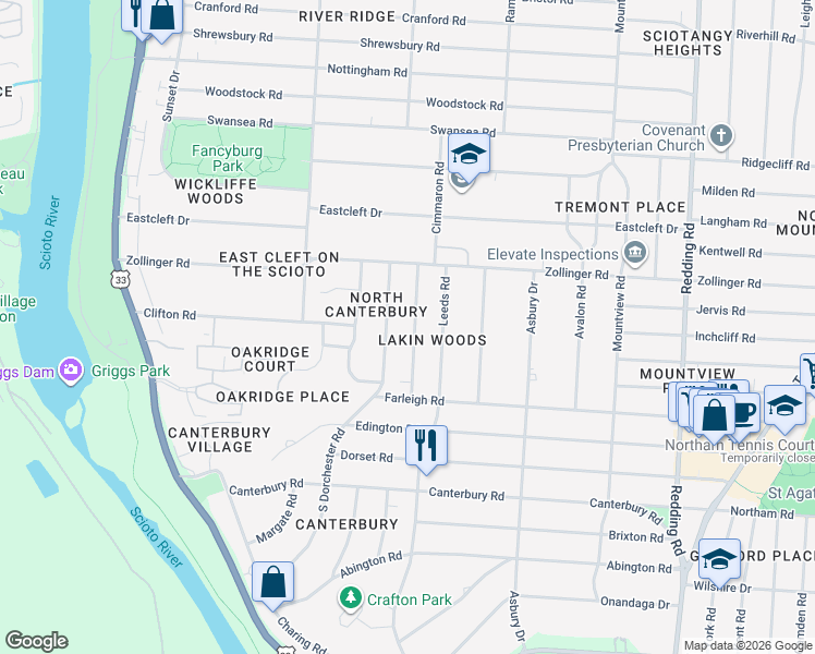 map of restaurants, bars, coffee shops, grocery stores, and more near 3135 Herrick Road in Columbus