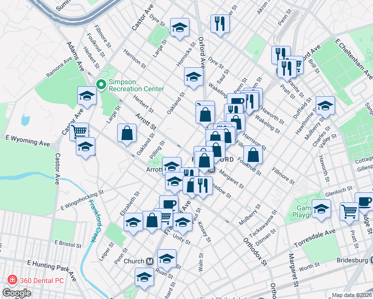 map of restaurants, bars, coffee shops, grocery stores, and more near 4703 Leiper Street in Philadelphia