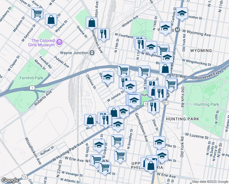 map of restaurants, bars, coffee shops, grocery stores, and more near 1854 Brunner Street in Philadelphia