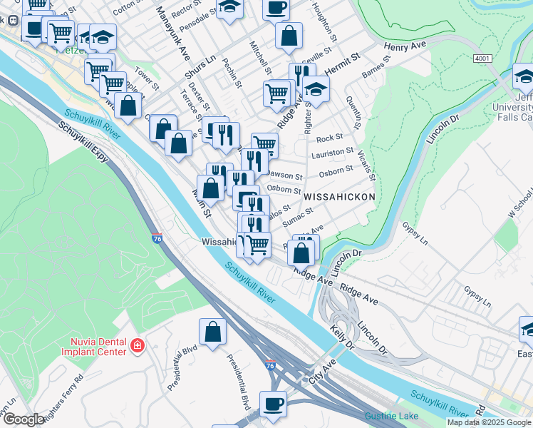 map of restaurants, bars, coffee shops, grocery stores, and more near 3726 Manayunk Avenue in Philadelphia