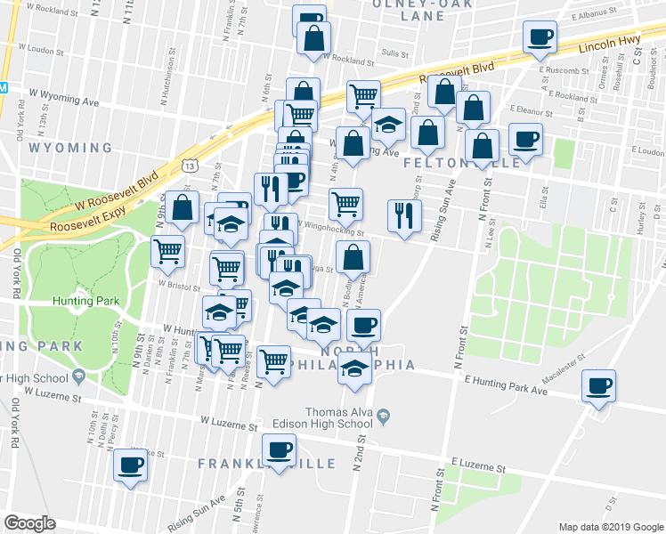 map of restaurants, bars, coffee shops, grocery stores, and more near 4403 North Orianna Street in Philadelphia