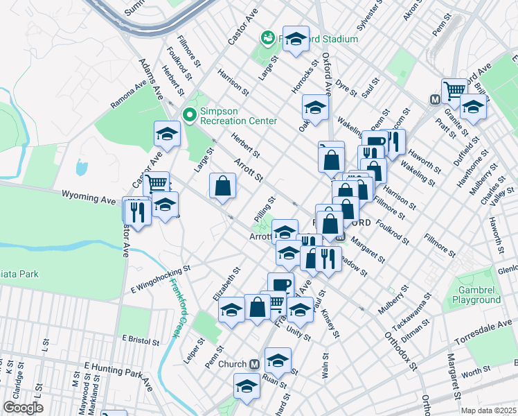 map of restaurants, bars, coffee shops, grocery stores, and more near 4632 Pilling Street in Philadelphia